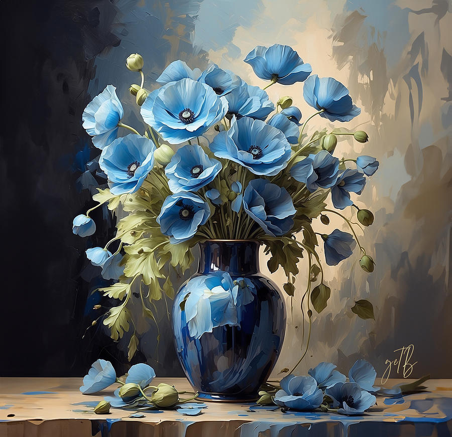 Blue Poppies in a Blue Vase Oil painting Painting by Georgeta Blanaru