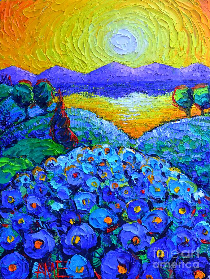 BLUE POPPIES SUNRISE abstract hills landscape palette knife oil painting by Ana Maria Edulescu Painting by Ana Maria Edulescu