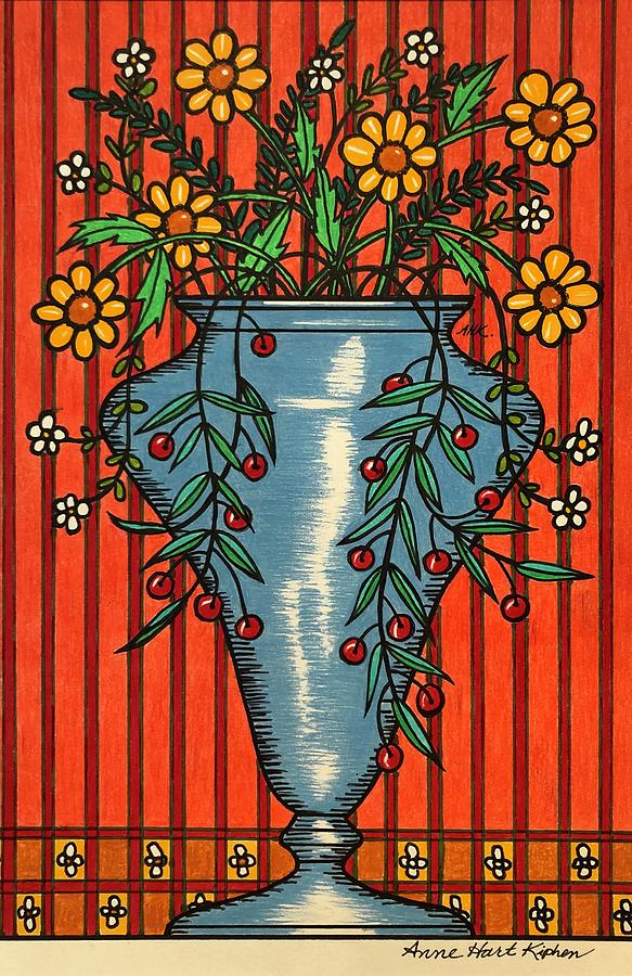 Vase Mixed Media - Blue Pot and Yellow Dasies by Anne Hart Kiphen