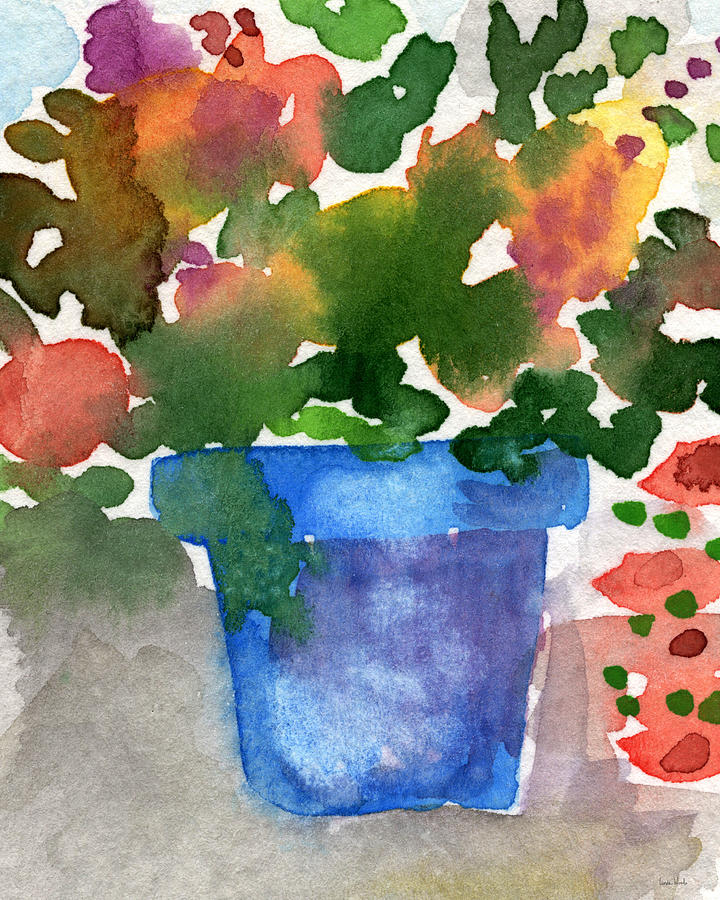 Blue Pot Of Flowers Painting by Linda Woods