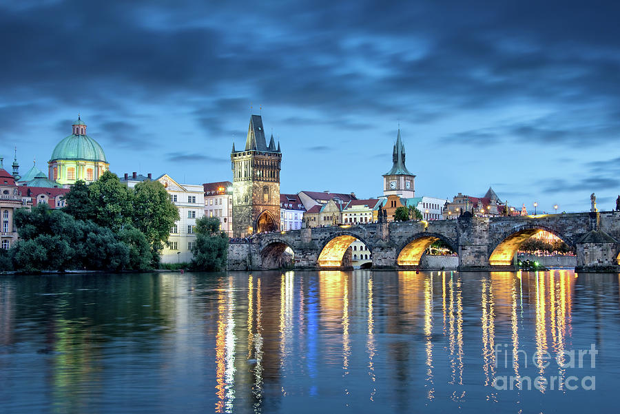 Architecture Photograph - Blue Prague, Charles bridge at night by Delphimages Photo Creations
