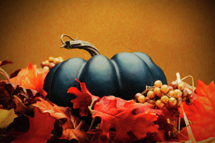 Blue Pumpkin and Autumn Foliage Digital Art by SR Green