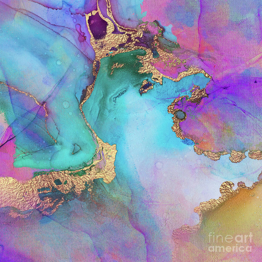 Blue, Purple And Gold Abstract Watercolor Painting by Modern Art