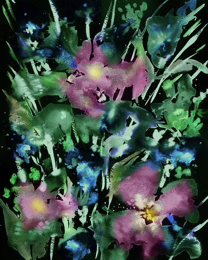 Blue Purple Flowers At Night Abstract Watercolor  Painting by Irina Sztukowski