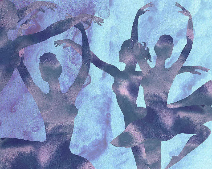 Blue Purple Watercolor Spinning Ballerinas Silhouettes  Painting by Irina Sztukowski