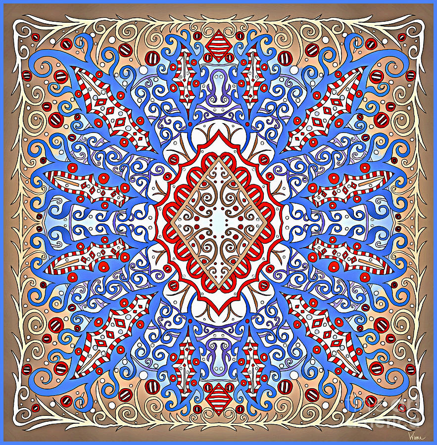 Blue, Red and Gold Symmetrical Design for Pillows, Home Decor Mixed Media by Lise Winne