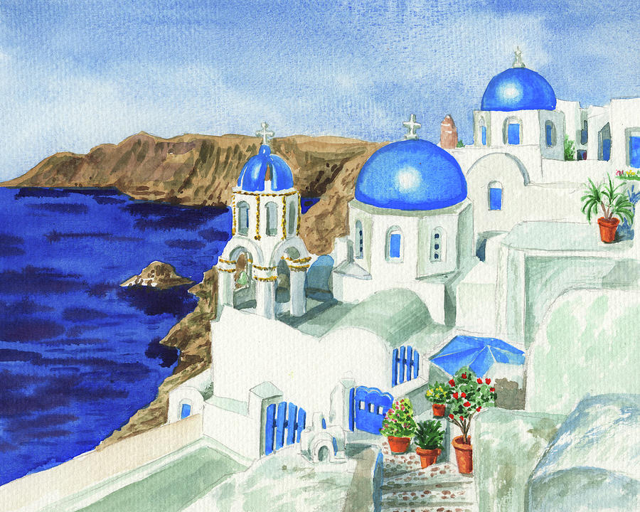Blue Roofs Impressionism Greece Oia Town Santorini  Painting by Irina Sztukowski