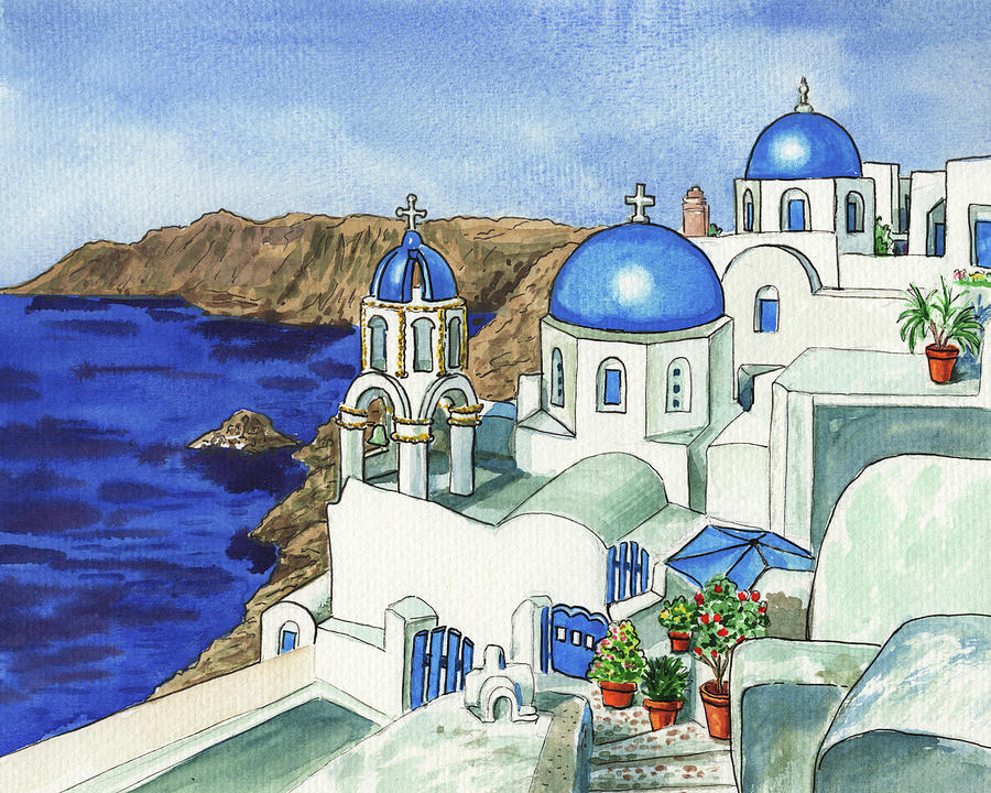 Blue Roofs White Buildings Of Greece Santorini Island Watercolor  Painting by Irina Sztukowski