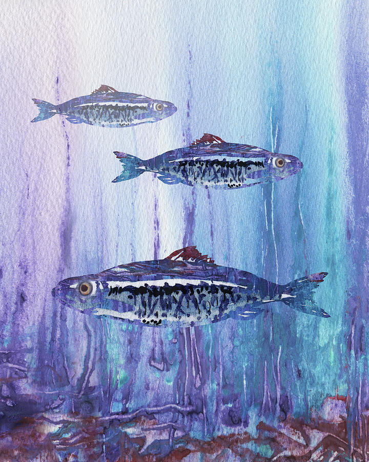 Blue School Of Fish Watercolor  Painting by Irina Sztukowski