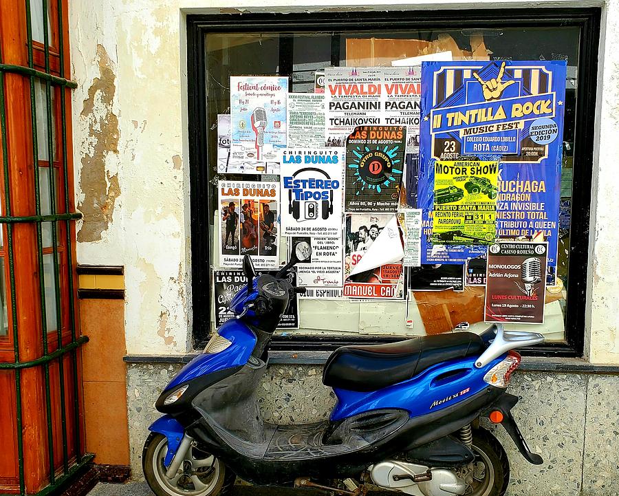 blue-scooter-and-bills-in-spain-photograph-by-forberson