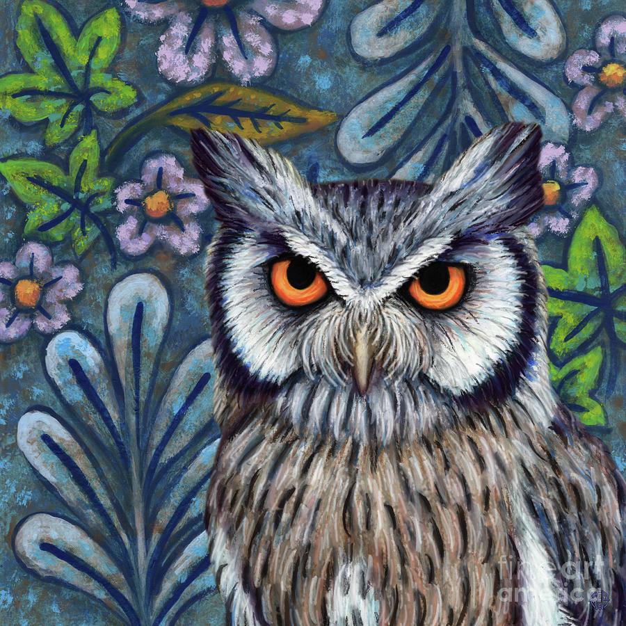 Blue Scops Owl Floral Painting by Amy E Fraser