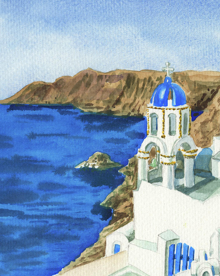 Blue Sea And Roofs Greek Island Santorini Watercolor  Painting by Irina Sztukowski