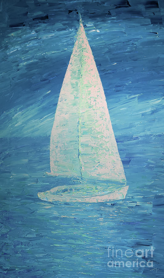 Blue sea and white sailboat Painting by Denys Kuvaiev