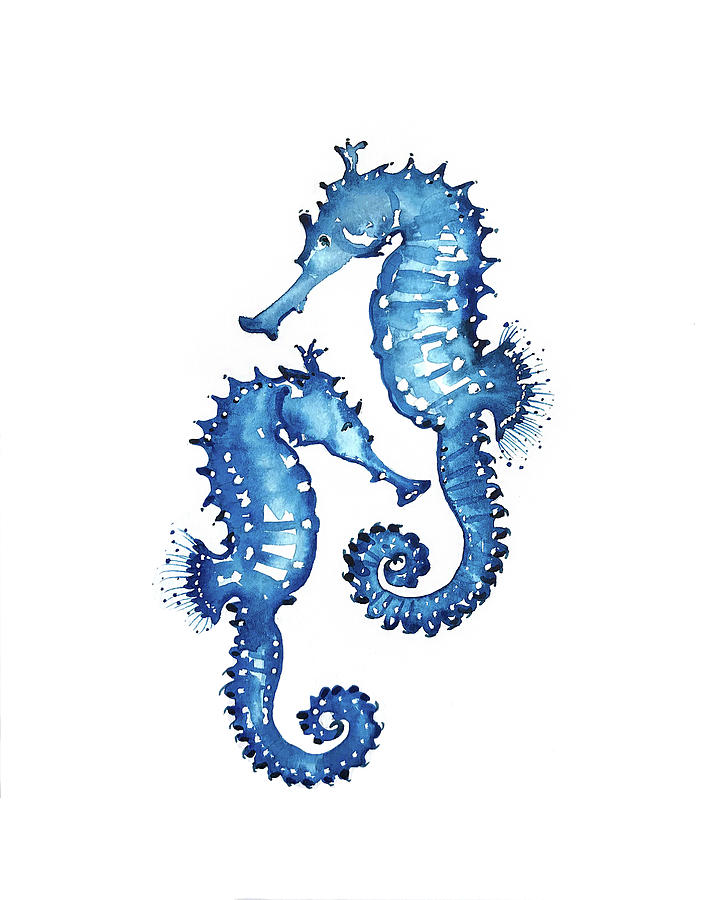 Underwater Painting - Blue Seahorses by Luisa Millicent