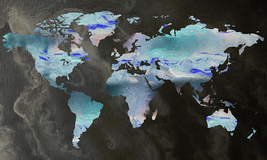 Blue Shades In Dark Ocean World Map Watercolor Painting by Irina Sztukowski