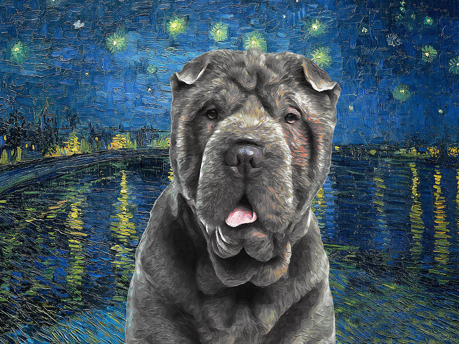 Dog Painting - Blue Shar Pei Art Starry Night over the Rhone Van Gogh Chinese Shar Pei Dog Print by Sandra Sij