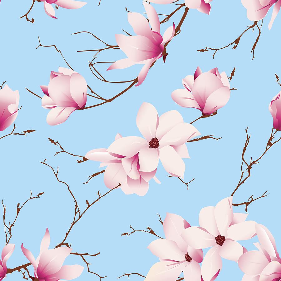 Blue skies and magnolia flowers seamless vector pattern Drawing by Lavendertime