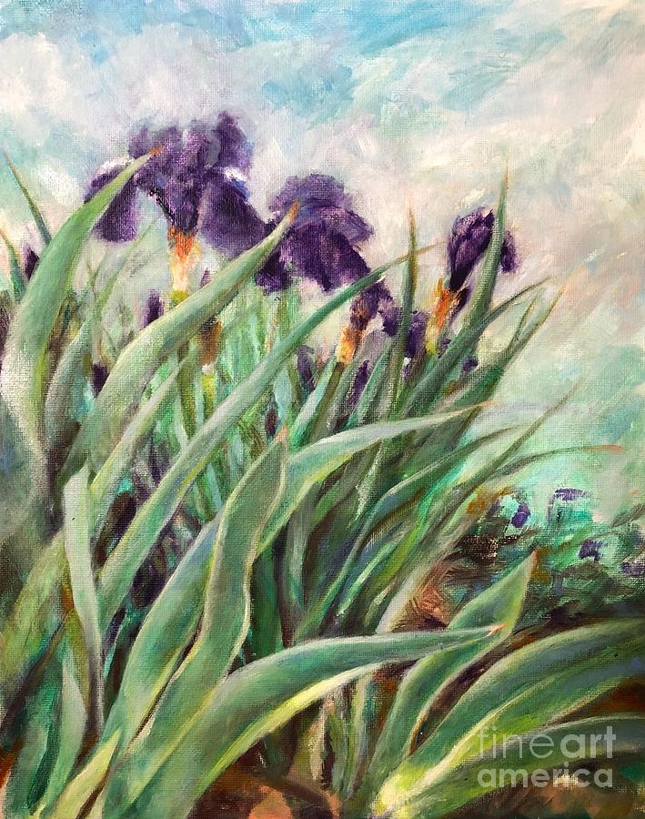 Blue Skies and Purple Irises Painting by Cynthia Parsons