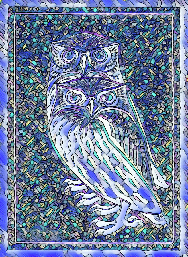 Blue Stained Glass Owls Mixed Media by Shelli Fitzpatrick