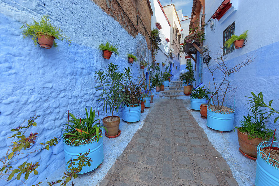 Blue street with color pots in Chefchaouen Photograph by Mikhail Kokhanchikov