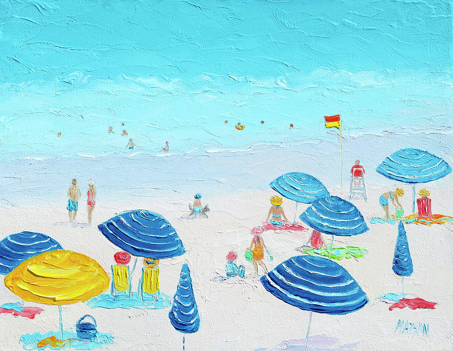 Blue Striped Umbrellas, beach impression Painting by Jan Matson
