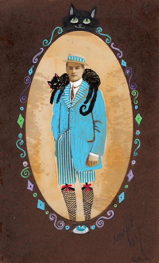 Blue Suit Man with a Black Cat Painting by Jo Potocki
