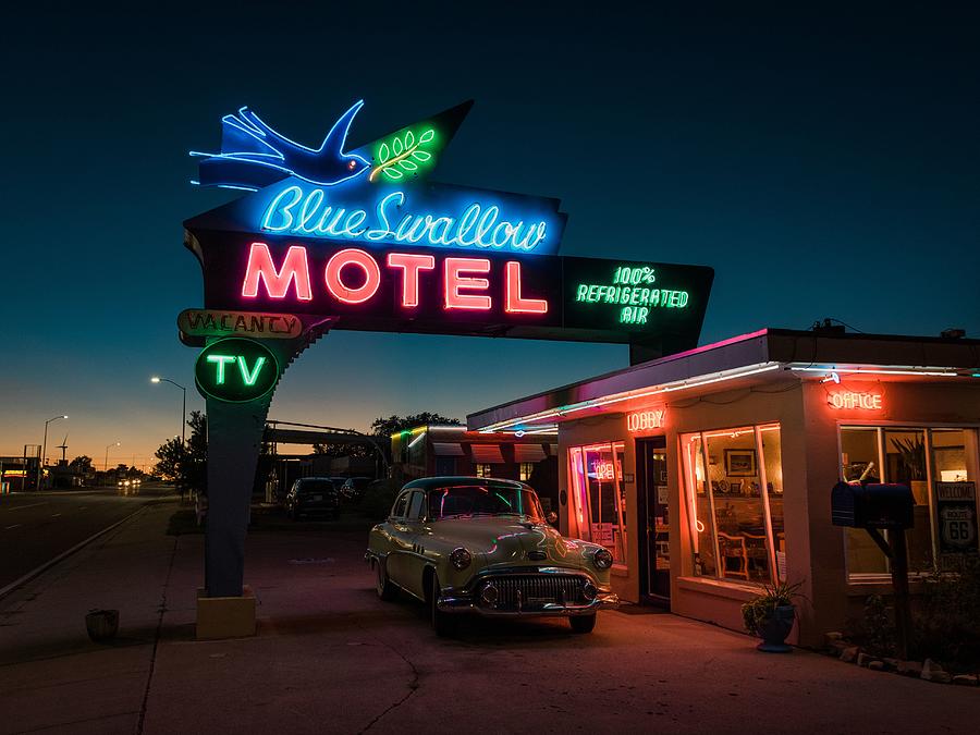 Blue Swallow Motel at Night, Route 66 02 Photograph by Jon Bilous ...