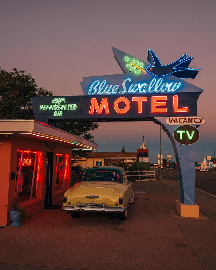 Blue Swallow Motel at Sunset, Route 66 02 Photograph by Jon Bilous ...