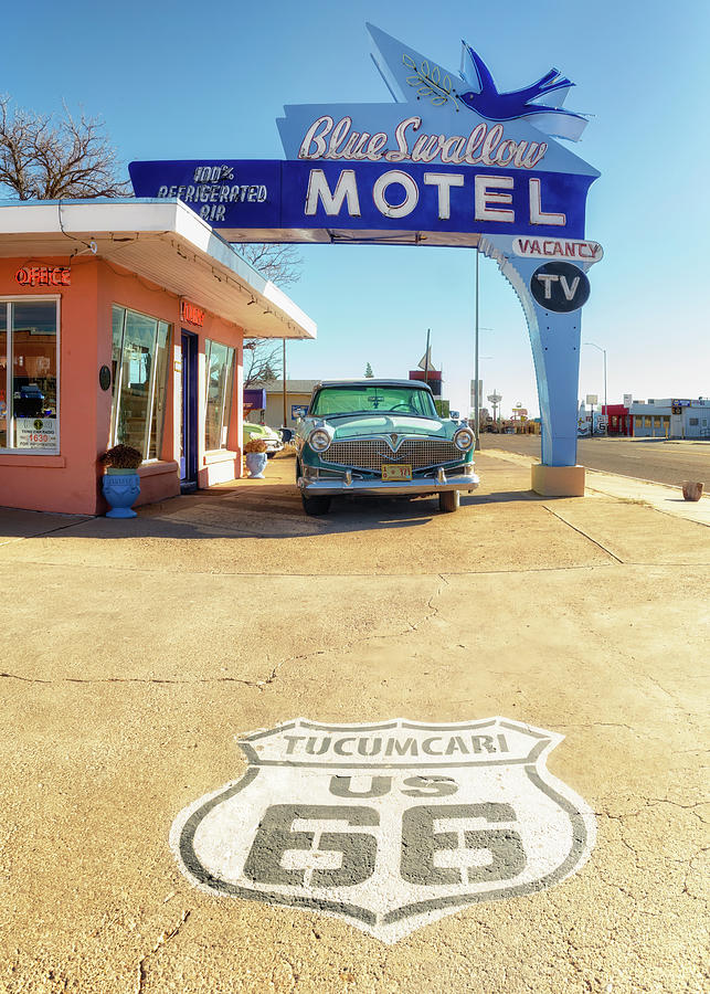 Blue Swallow Motel - Route 66 Shield Photograph by Susan Rissi Tregoning