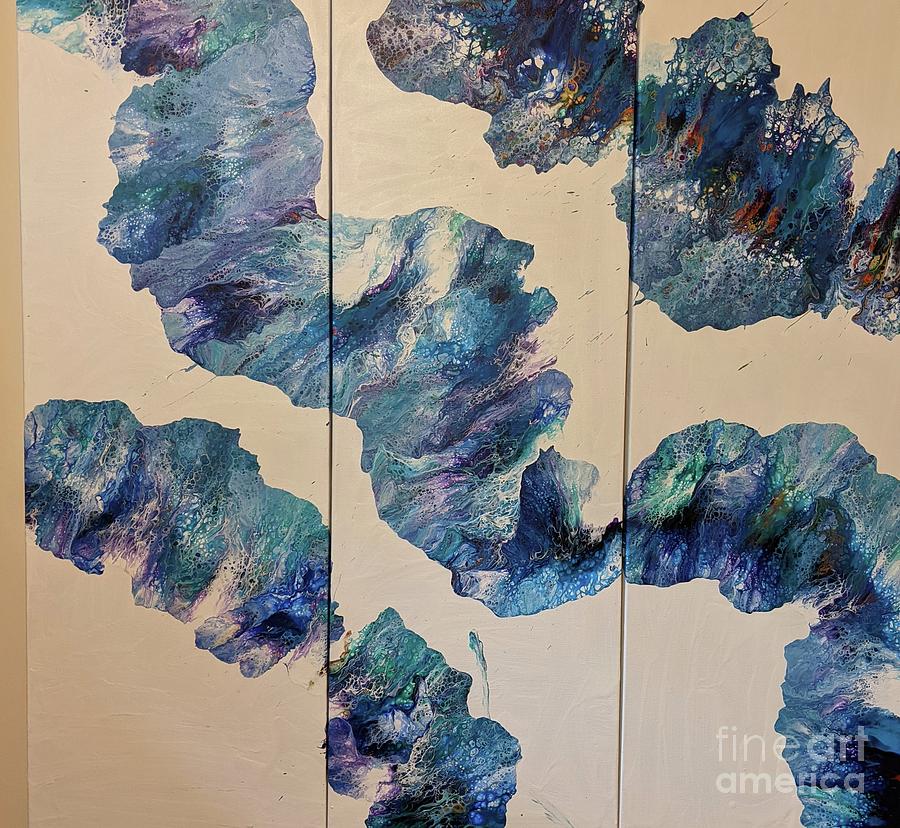 Blue Swirl Triptych Painting by Darcy Leigh