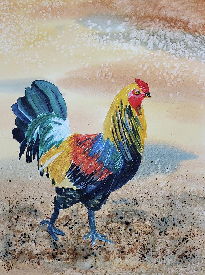 Blue Tailed Rooster Painting by Ann Frederick