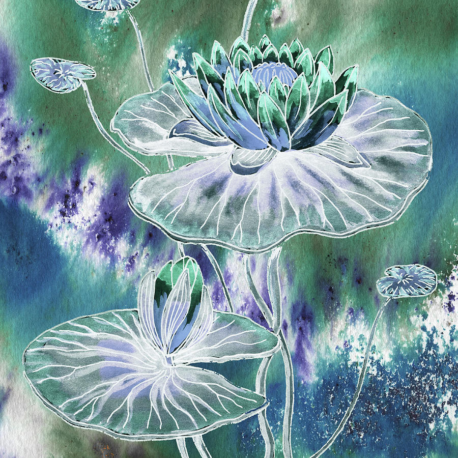 Blue Teal Cool Tones Watercolor Lilies Flowers Painting by Irina Sztukowski