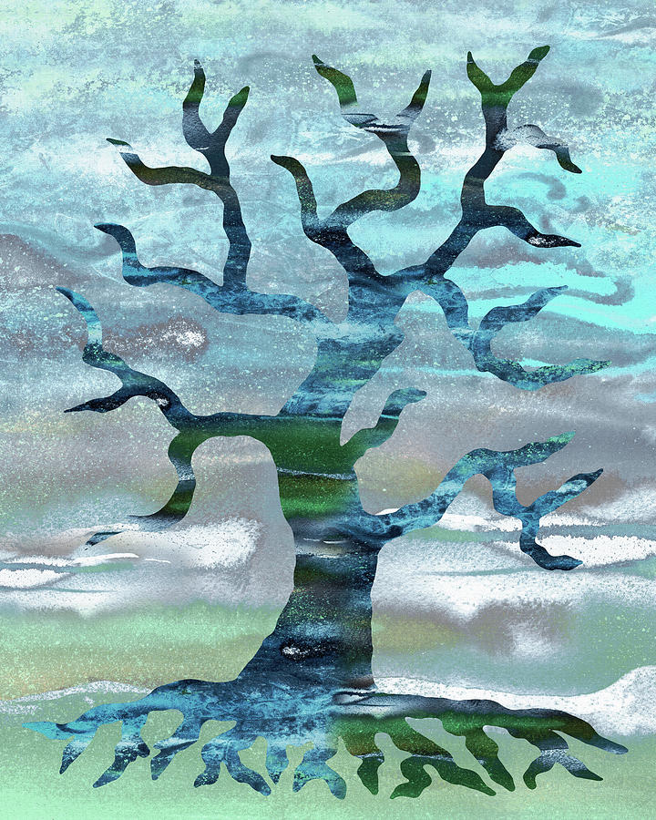 Blue Teal Winter Silhouette Tree Of Life Abstract Watercolor Painting