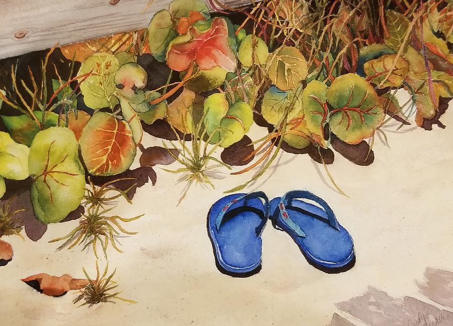 Summer Painting - Blue Thongs Cropped by Judy Mercer