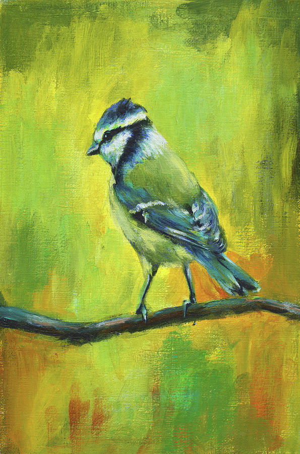 Blue tit bird portrait painting Painting by Karen Kaspar