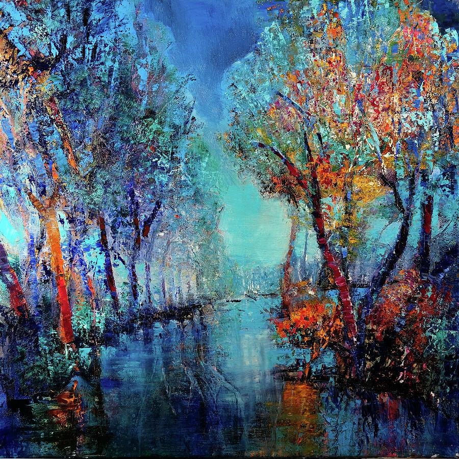 Blue trees at the blue river Painting by Annette Schmucker