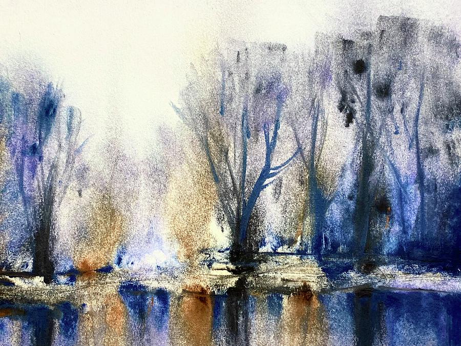 Blue Trees next to Water Painting by Masha Batkova