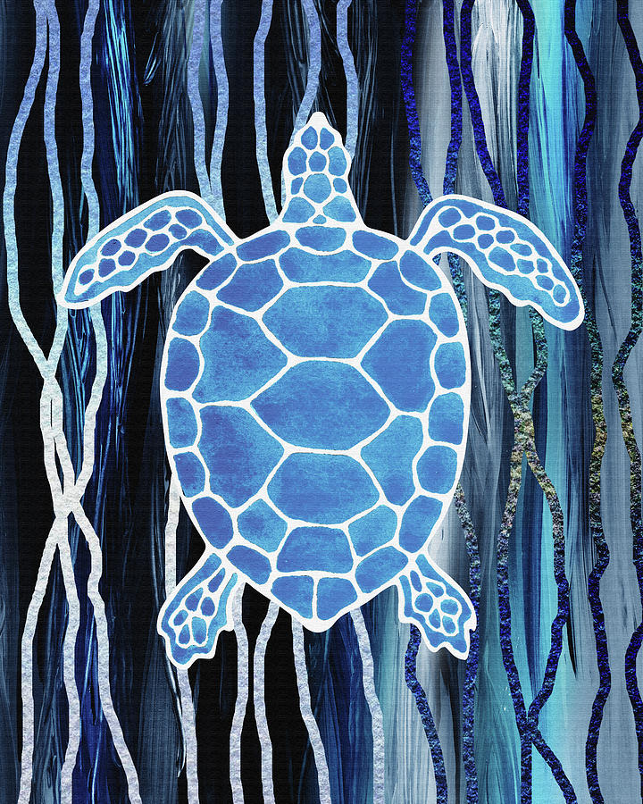 Blue Turtle Swimming In The Sea Waves  Painting by Irina Sztukowski