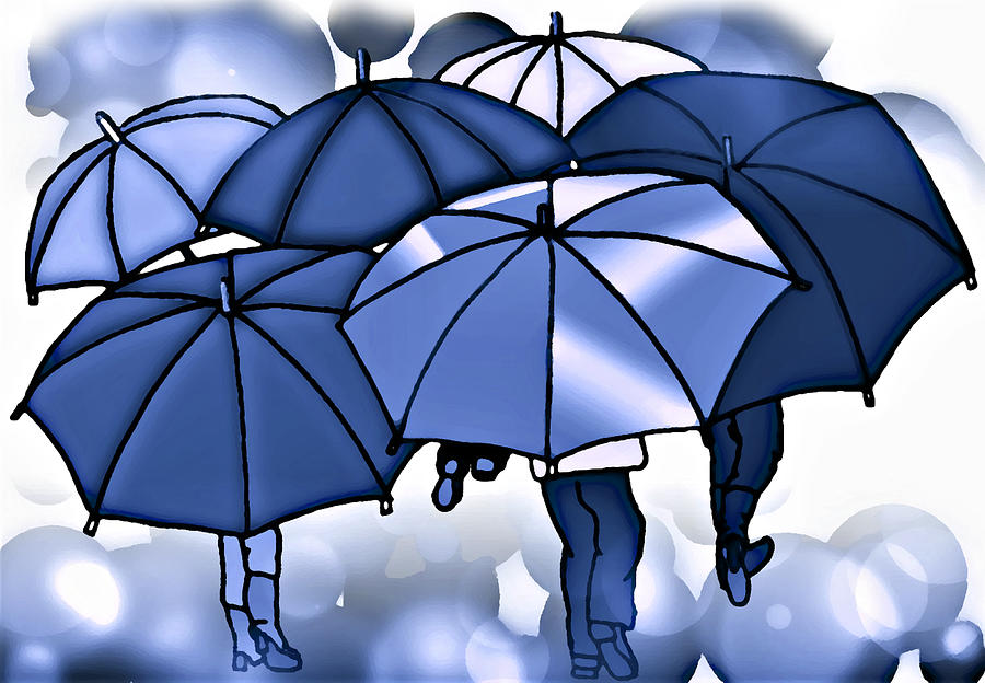 Blue Umbrella Huddle Mixed Media by Kelly Mills
