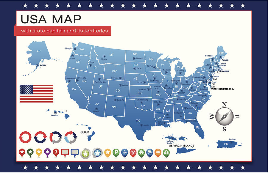 Blue USA map outline with state capitals and its territories Drawing by Chokkicx Blue USA map outline with state capitals and its territories Drawing by Chokkicx