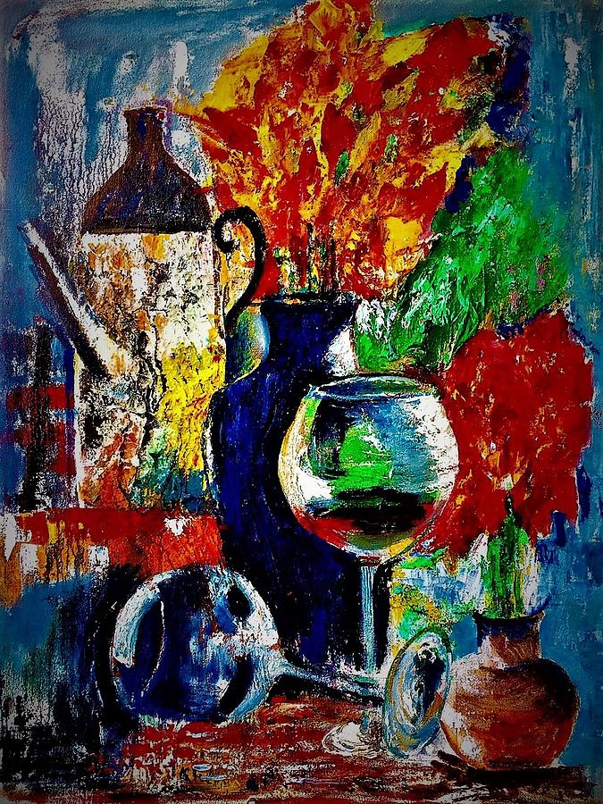 Blue vase in the middle Painting by Khalid Saeed