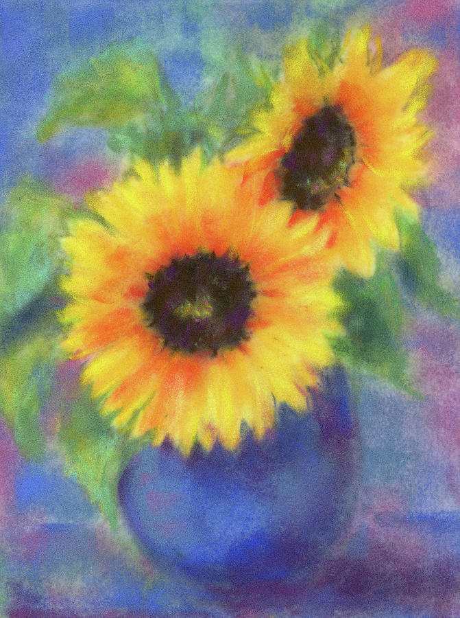Blue vase with two sunflowers Painting by Karen Kaspar