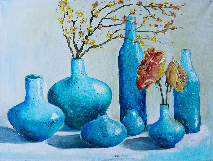 Blue vases Painting by Tetiana Bielkina