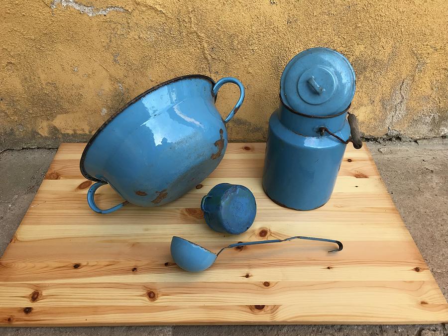Blue Vintage Set of Kitchenware Photograph by Jan Dolezal