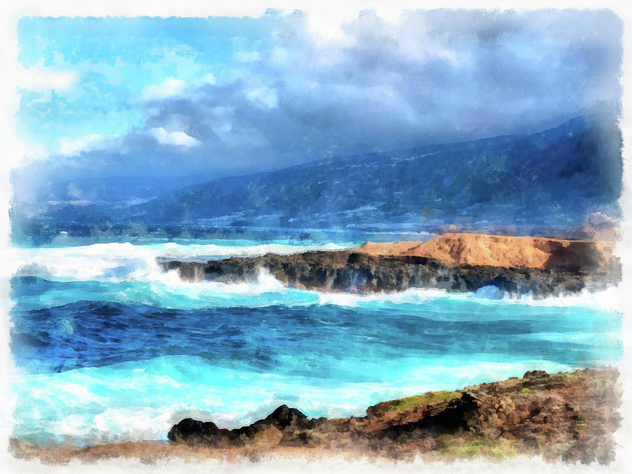 Blue Water and Sky Tenerife Landscape Watercolor Painting Painting by Matthias Hauser