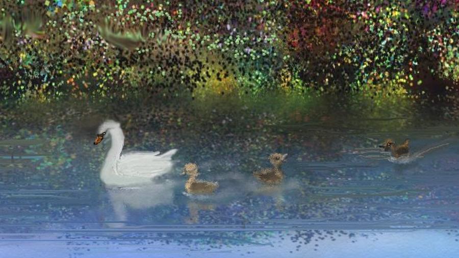 Blue Water Swan and Cygnets Digital Art by Robert Rearick
