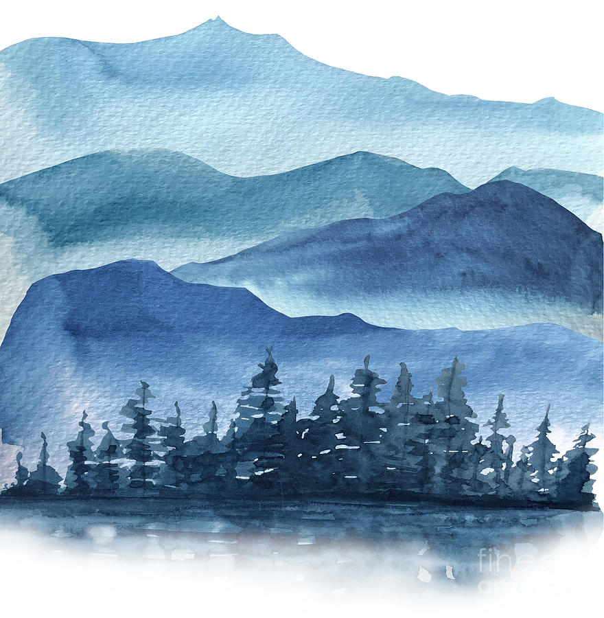 Blue Watercolor Mountains Scenic Landscape Digital Art by Amusing DesignCo