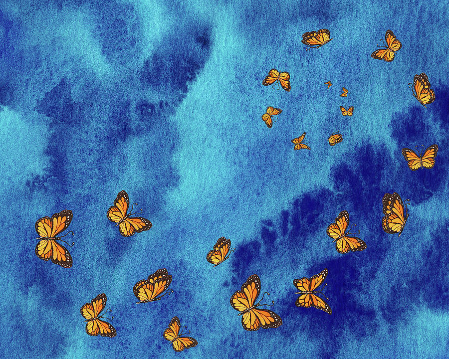 Blue Watercolor Sky Vortex Monarch Butterflies  Painting by Irina Sztukowski
