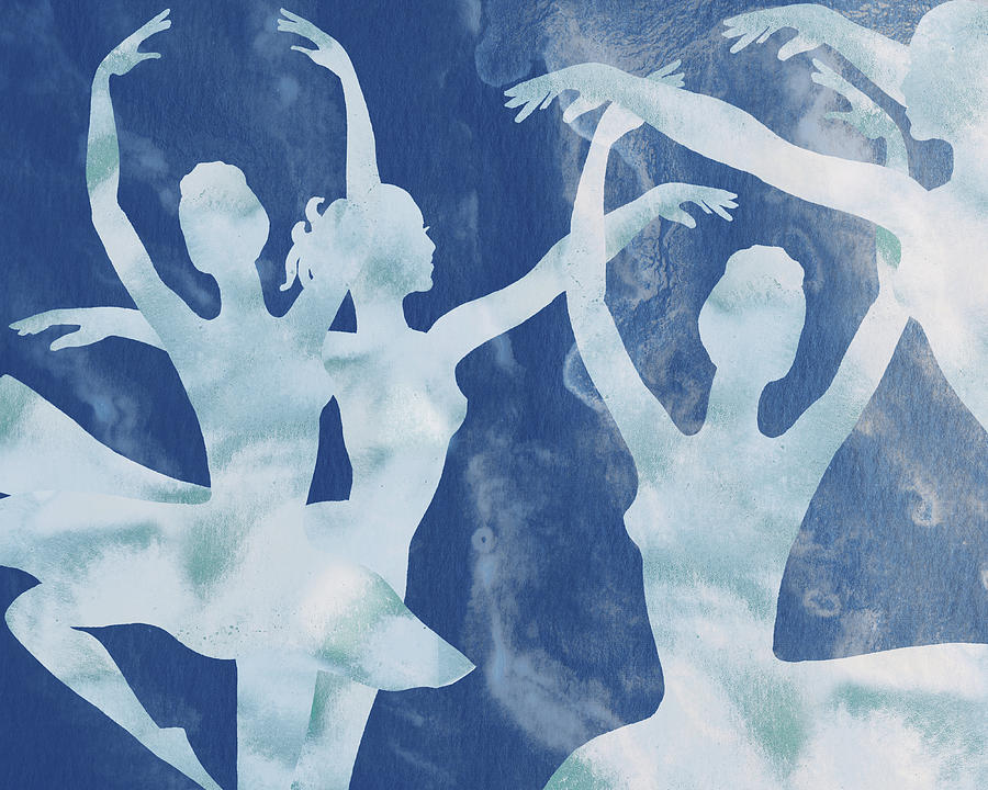 Blue Watercolor Spinning Gorgeous Move Of Ballerinas Silhouette III Painting by Irina Sztukowski