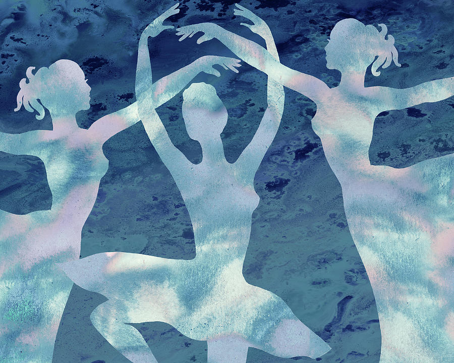 Blue Watercolor Spinning Gorgeous Move Of Ballerinas Silhouette V Painting by Irina Sztukowski